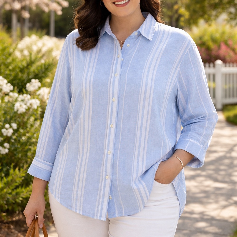 Chaps Striped Button Down Shirt Blue White Linen Blend‎ Women's XL